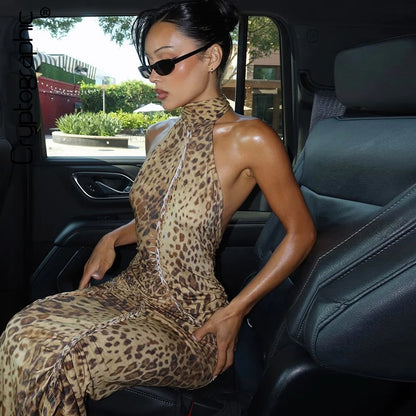 Fashion Halter Leopard Sexy Backless Maxi Dress Women Club Outfits Bandage Embellished Long Dresses Robe Clothes